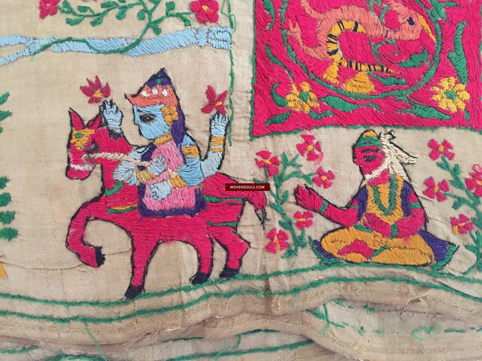 850 Rare Namawali Vrindavani Assam Vastra - Silk with Double Sided Embroidery-WOVENSOULS-Antique-Vintage-Textiles-Art-Decor