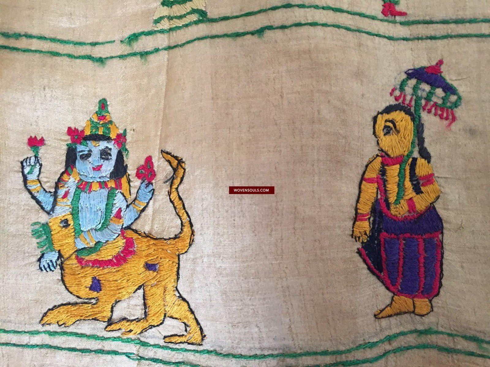 850 Rare Namawali Vrindavani Assam Vastra - Silk with Double Sided Embroidery-WOVENSOULS-Antique-Vintage-Textiles-Art-Decor