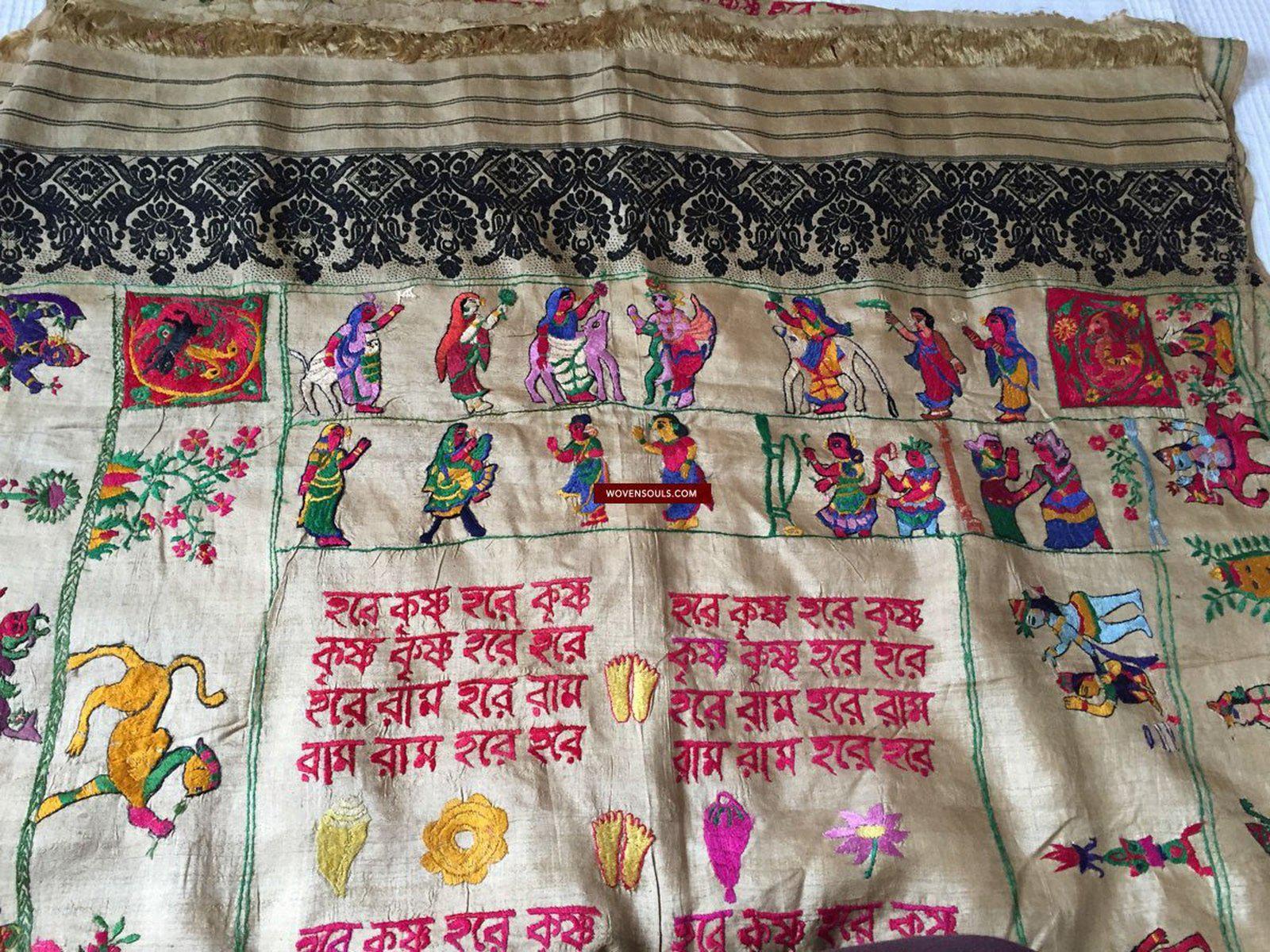 850 Rare Namawali Vrindavani Assam Vastra - Silk with Double Sided Embroidery-WOVENSOULS-Antique-Vintage-Textiles-Art-Decor