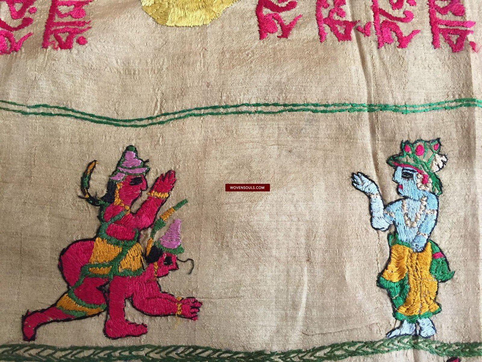 850 Rare Namawali Vrindavani Assam Vastra - Silk with Double Sided Embroidery-WOVENSOULS-Antique-Vintage-Textiles-Art-Decor