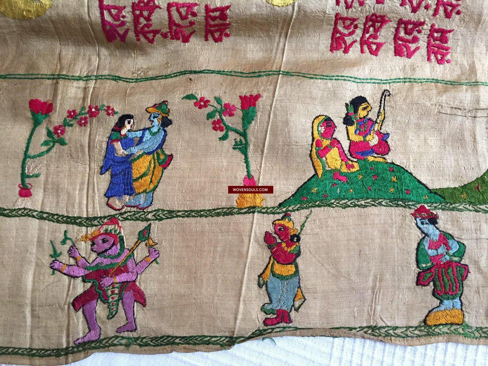 850 Rare Namawali Vrindavani Assam Vastra - Silk with Double Sided Embroidery-WOVENSOULS-Antique-Vintage-Textiles-Art-Decor