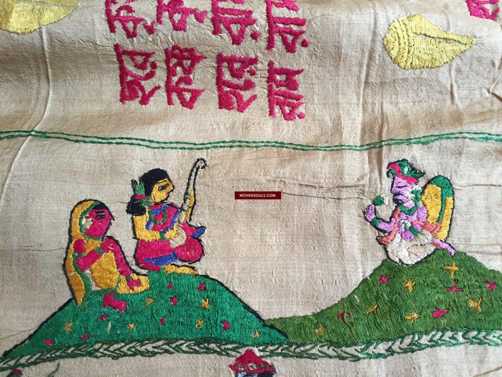 850 Rare Namawali Vrindavani Assam Vastra - Silk with Double Sided Embroidery-WOVENSOULS-Antique-Vintage-Textiles-Art-Decor