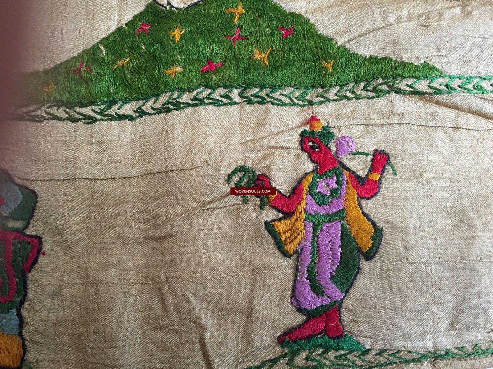 850 Rare Namawali Vrindavani Assam Vastra - Silk with Double Sided Embroidery-WOVENSOULS-Antique-Vintage-Textiles-Art-Decor