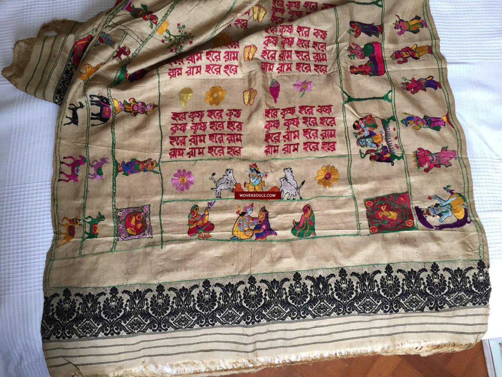 850 Rare Namawali Vrindavani Assam Vastra - Silk with Double Sided Embroidery-WOVENSOULS-Antique-Vintage-Textiles-Art-Decor