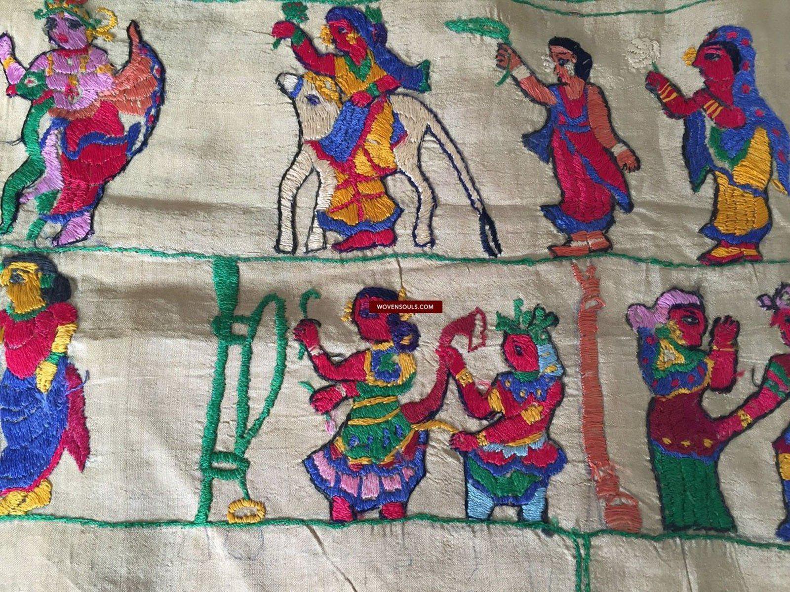 850 Rare Namawali Vrindavani Assam Vastra - Silk with Double Sided Embroidery-WOVENSOULS-Antique-Vintage-Textiles-Art-Decor