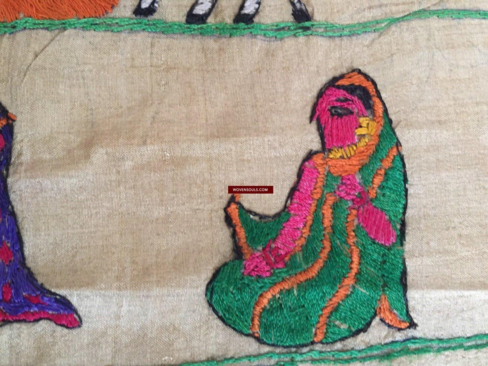 850 Rare Namawali Vrindavani Assam Vastra - Silk with Double Sided Embroidery-WOVENSOULS-Antique-Vintage-Textiles-Art-Decor