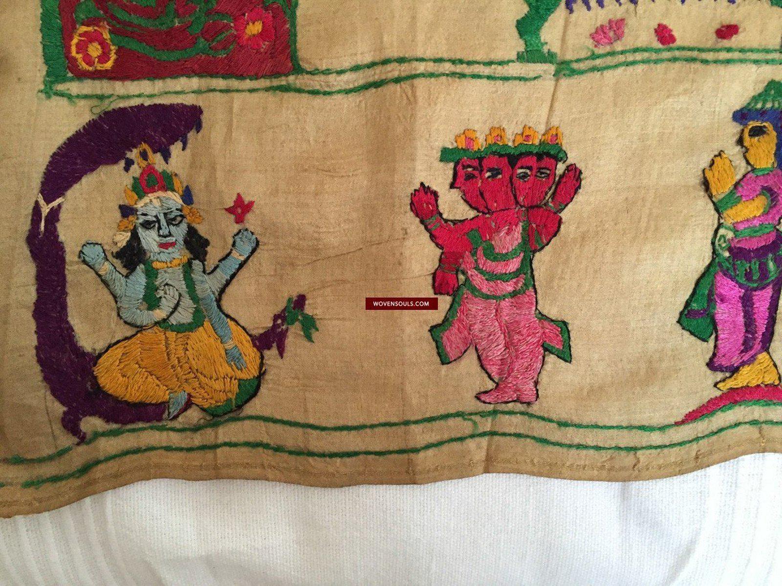 850 Rare Namawali Vrindavani Assam Vastra - Silk with Double Sided Embroidery-WOVENSOULS-Antique-Vintage-Textiles-Art-Decor