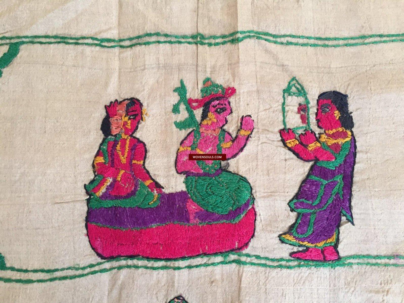 850 Rare Namawali Vrindavani Assam Vastra - Silk with Double Sided Embroidery-WOVENSOULS-Antique-Vintage-Textiles-Art-Decor