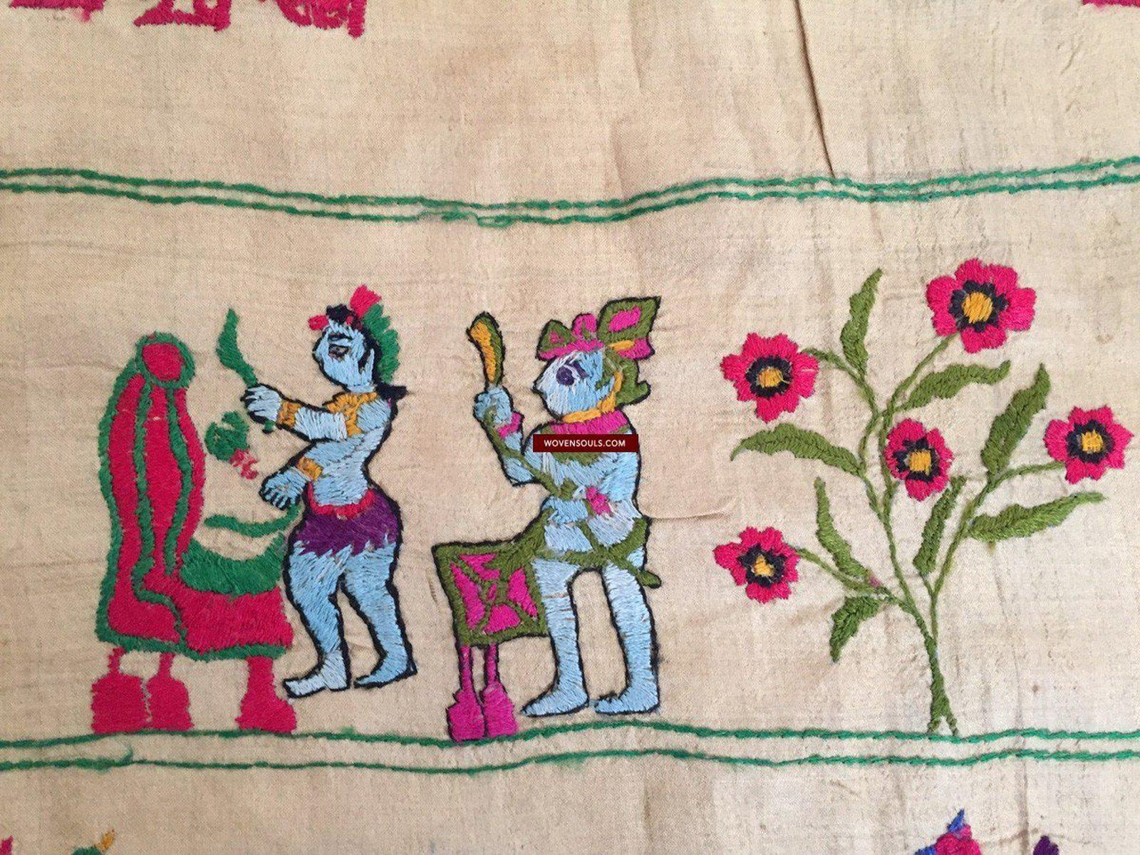 850 Rare Namawali Vrindavani Assam Vastra - Silk with Double Sided Embroidery-WOVENSOULS-Antique-Vintage-Textiles-Art-Decor