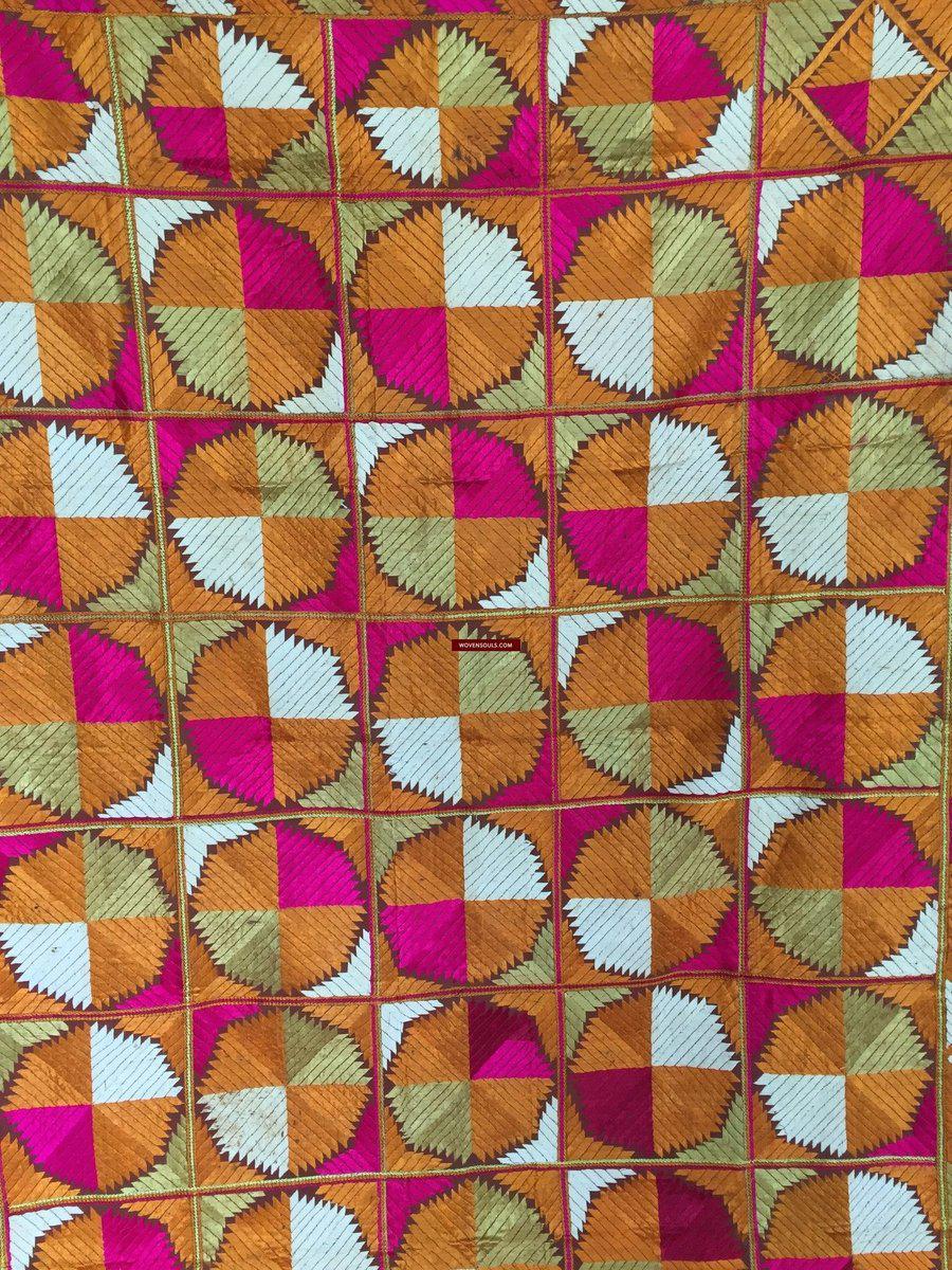 854 SOLD Bagh Phulkari Textile with Charkha or Gobi motif-WOVENSOULS-Antique-Vintage-Textiles-Art-Decor