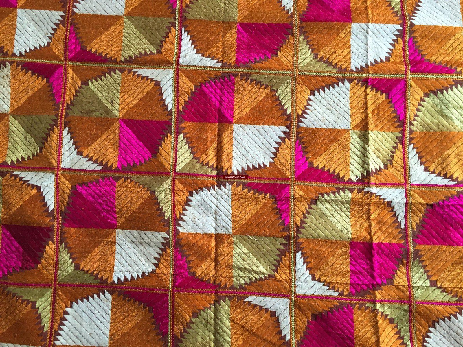 854 SOLD Bagh Phulkari Textile with Charkha or Gobi motif-WOVENSOULS-Antique-Vintage-Textiles-Art-Decor