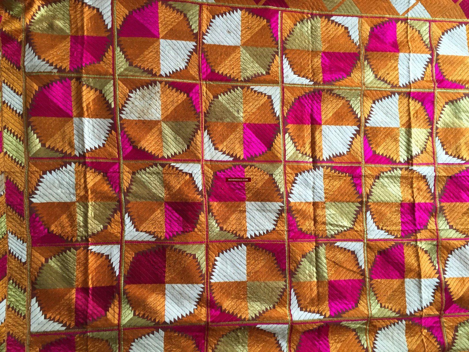 854 SOLD Bagh Phulkari Textile with Charkha or Gobi motif-WOVENSOULS-Antique-Vintage-Textiles-Art-Decor