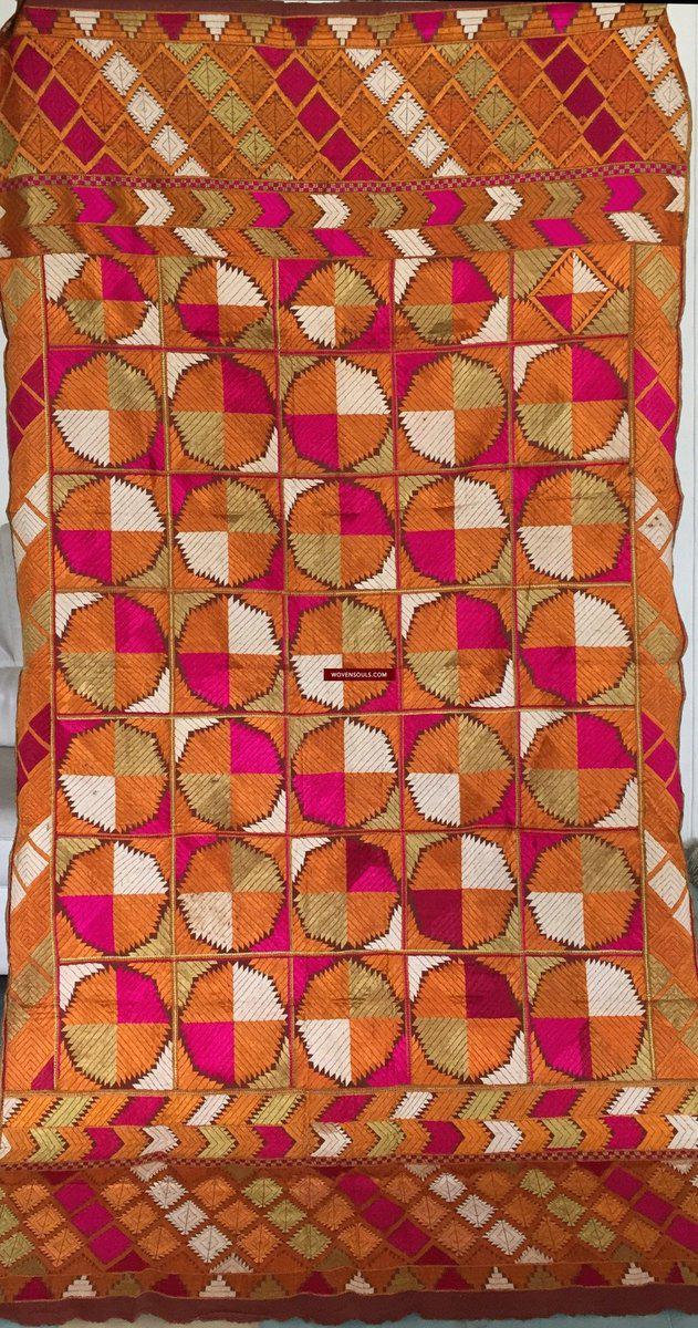 854 SOLD Bagh Phulkari Textile with Charkha or Gobi motif-WOVENSOULS-Antique-Vintage-Textiles-Art-Decor