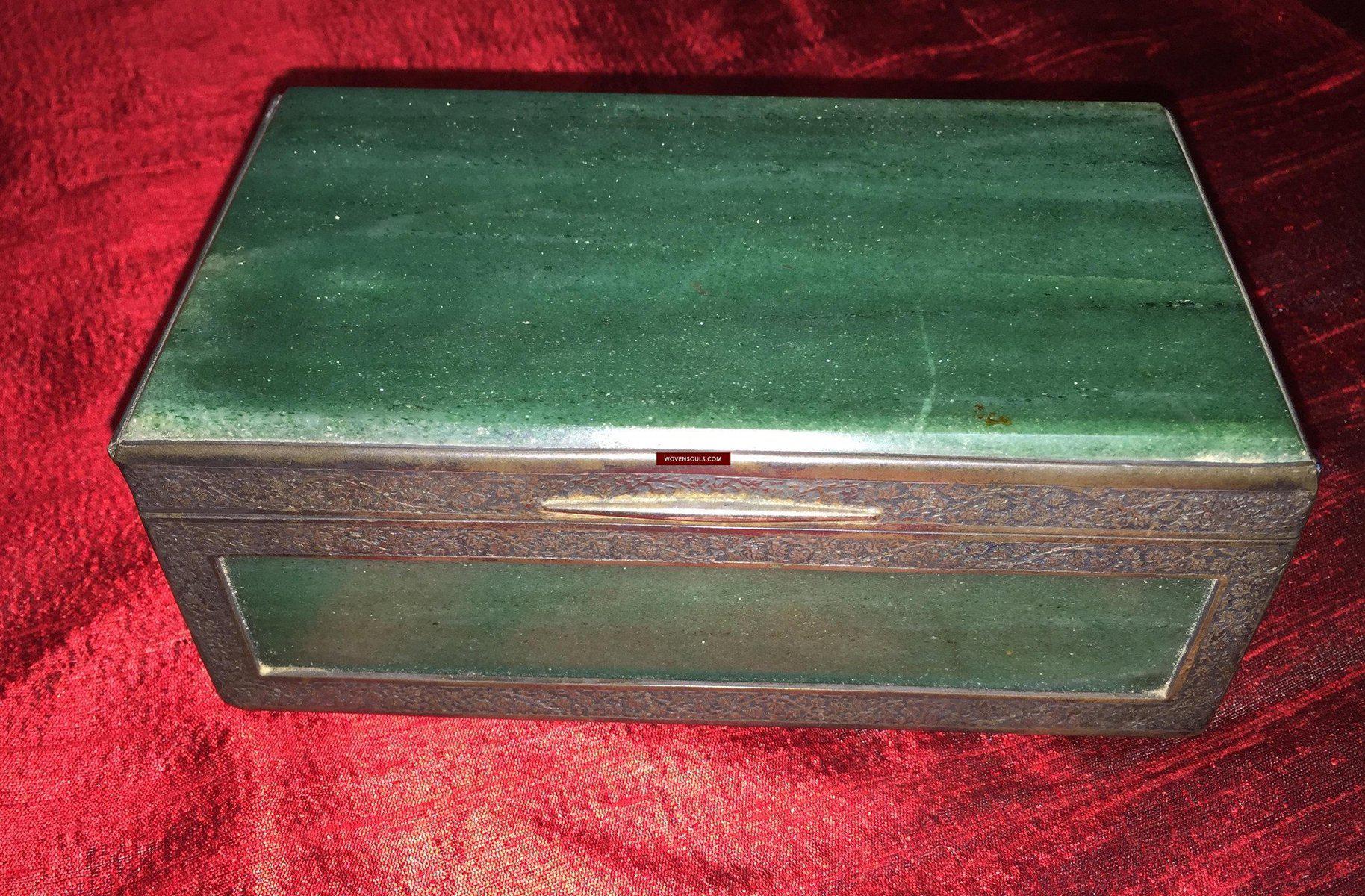 900 Old Parsi Zoroastrian Heirloom Box with Silver & Jade? Quartz?-WOVENSOULS-Antique-Vintage-Textiles-Art-Decor