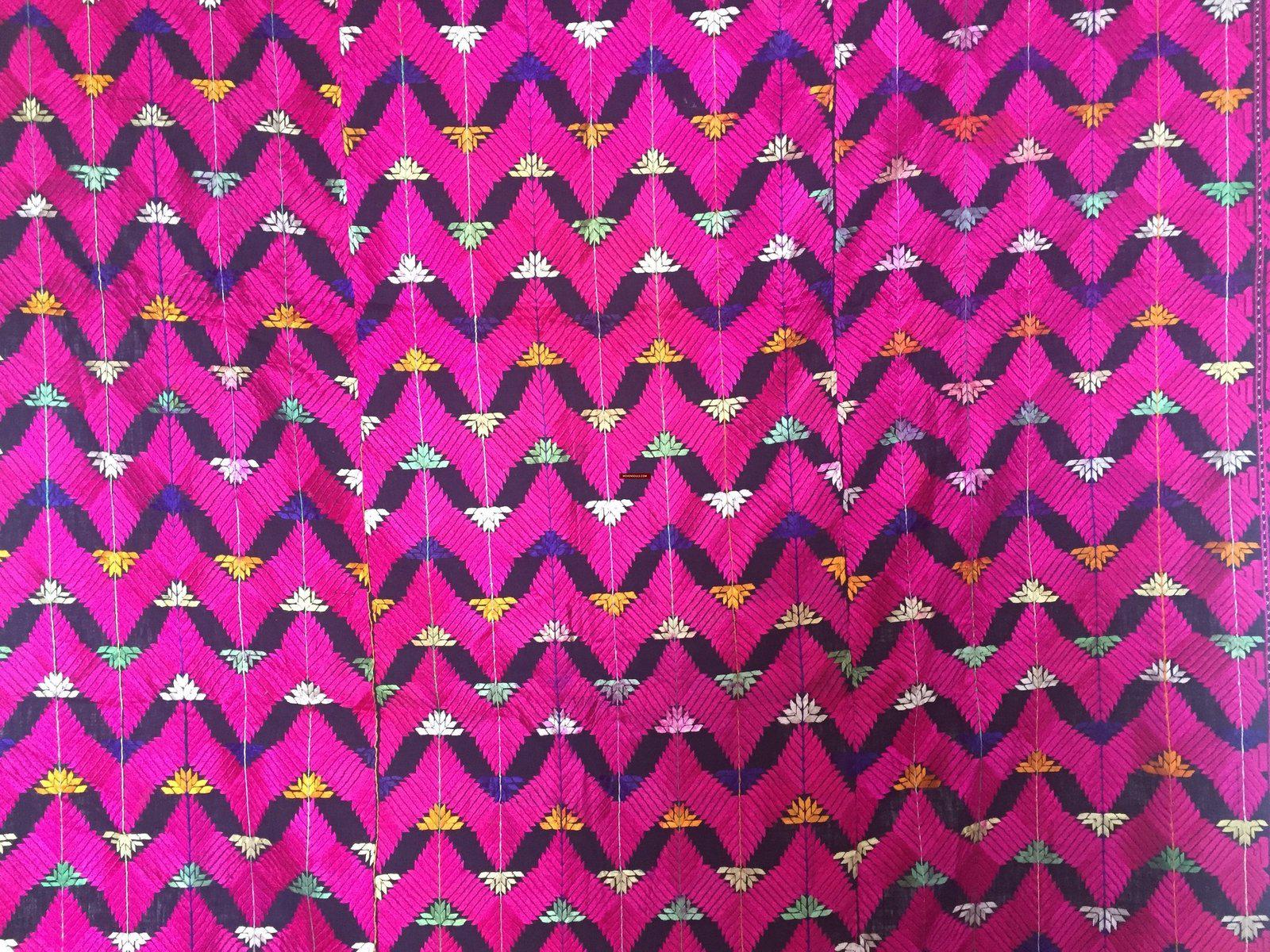 915 SOLD Black Base Pink Lehariya Phulkari-WOVENSOULS-Antique-Vintage-Textiles-Art-Decor