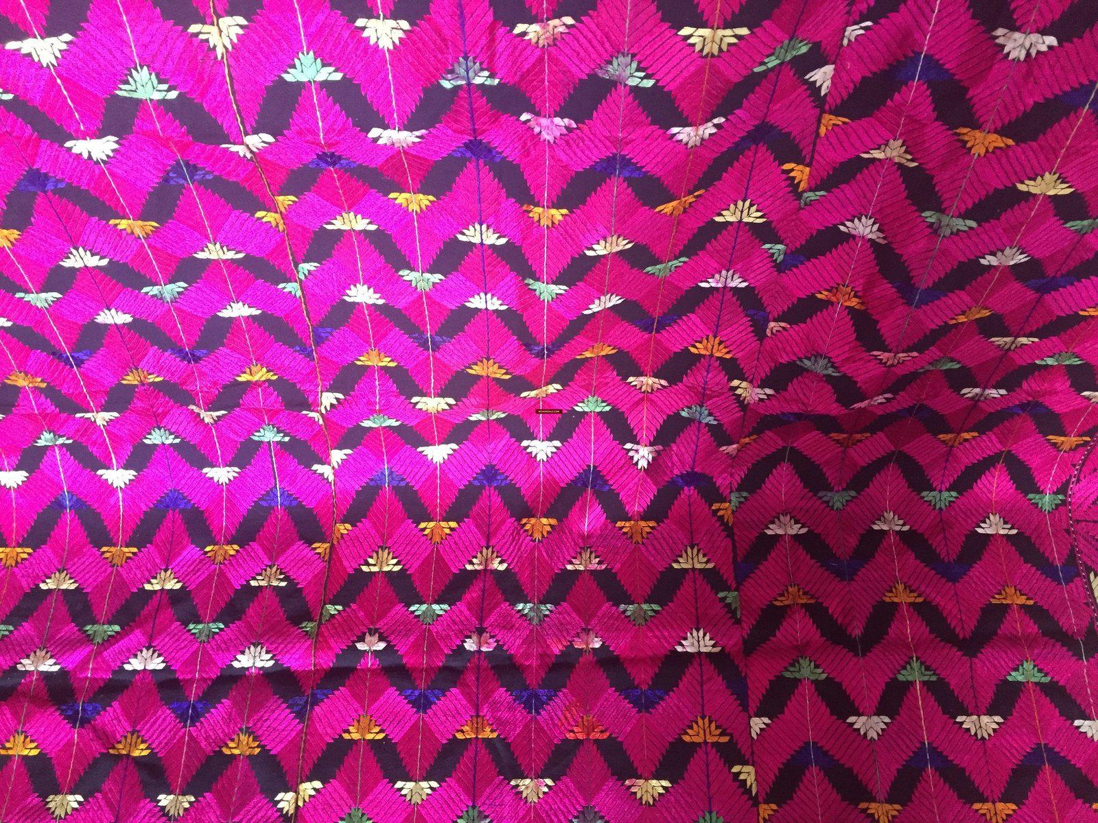 915 SOLD Black Base Pink Lehariya Phulkari-WOVENSOULS-Antique-Vintage-Textiles-Art-Decor