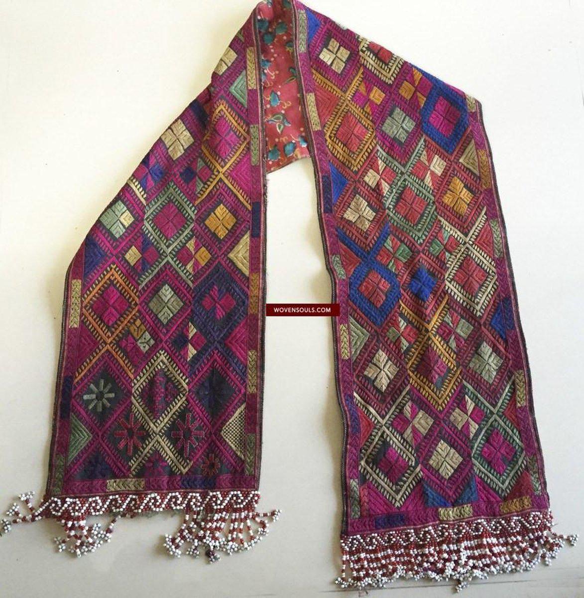 918 Antique Kohistan Embroidered Scarf Textile with Superb beaded Tassels-WOVENSOULS-Antique-Vintage-Textiles-Art-Decor