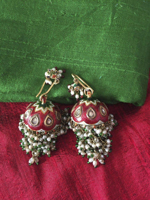 975 Old Gold Jhumki Jhumka Earrings with Enamel Kundan and natural Basra Pearls-WOVENSOULS-Antique-Vintage-Textiles-Art-Decor
