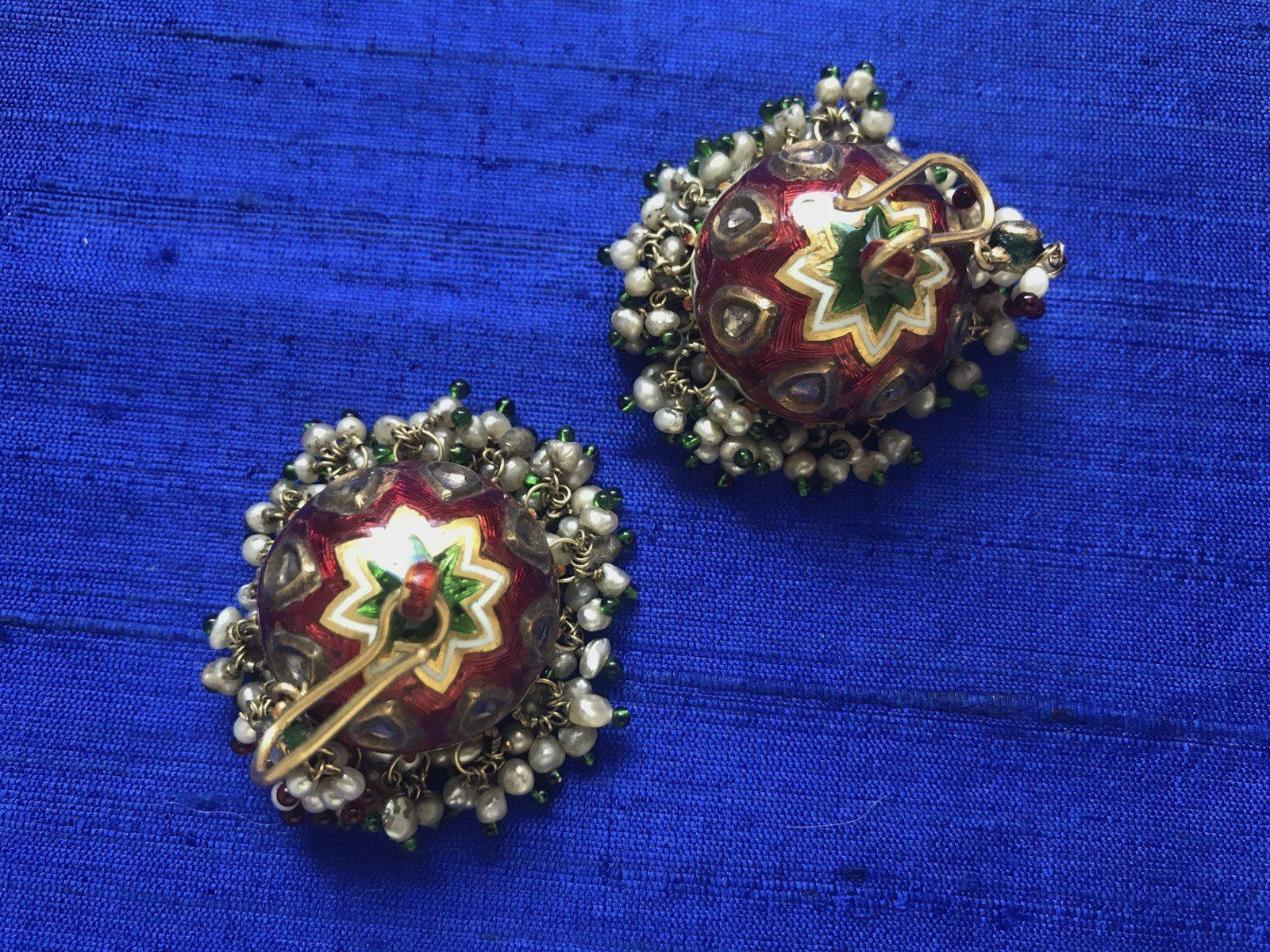 975 Old Gold Jhumki Jhumka Earrings with Enamel Kundan and natural Basra Pearls-WOVENSOULS-Antique-Vintage-Textiles-Art-Decor