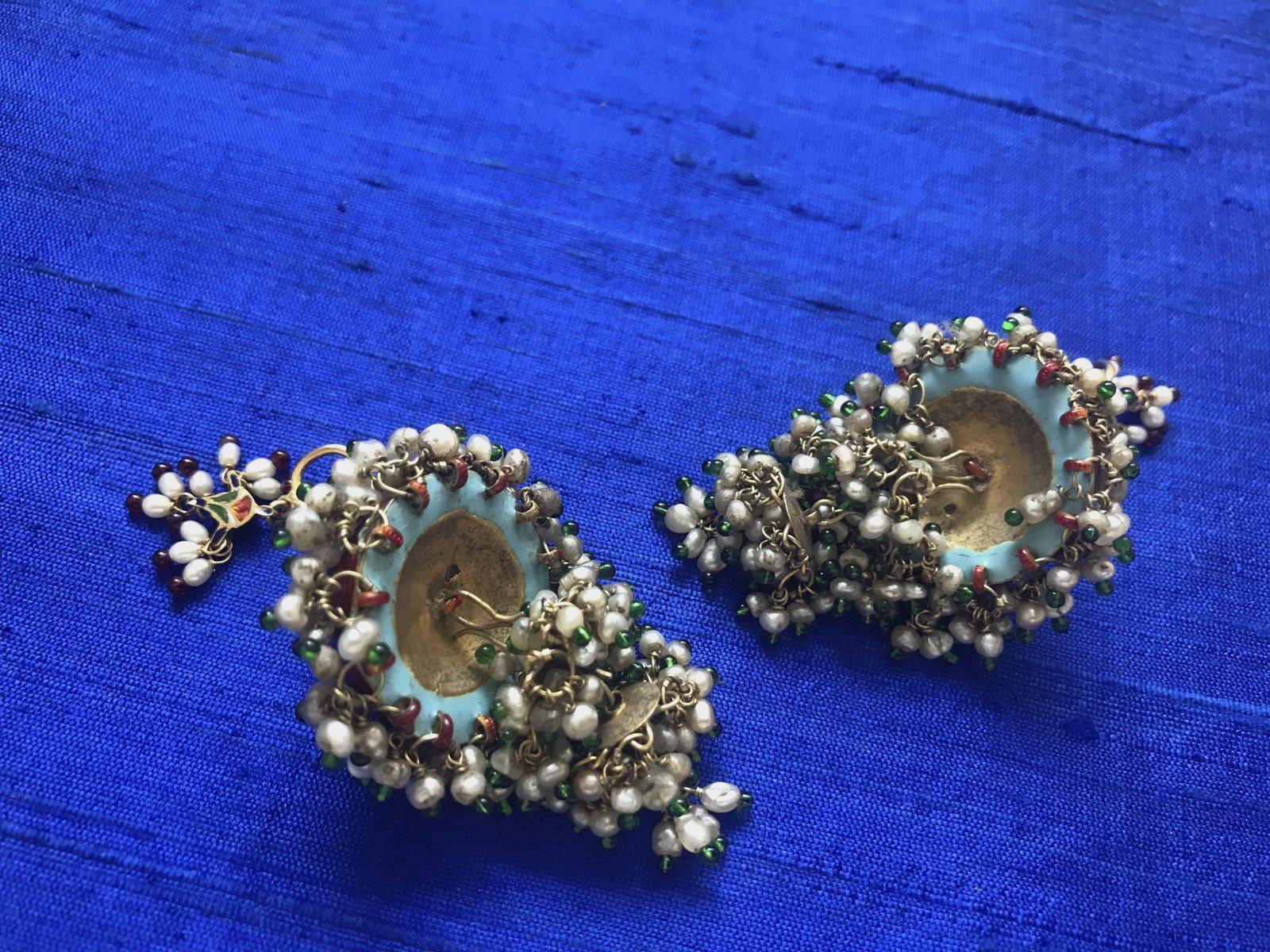 975 Old Gold Jhumki Jhumka Earrings with Enamel Kundan and natural Basra Pearls-WOVENSOULS-Antique-Vintage-Textiles-Art-Decor