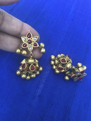 976 Old Gold Jhumki Earrings with Rubies & Diamonds-WOVENSOULS-Antique-Vintage-Textiles-Art-Decor
