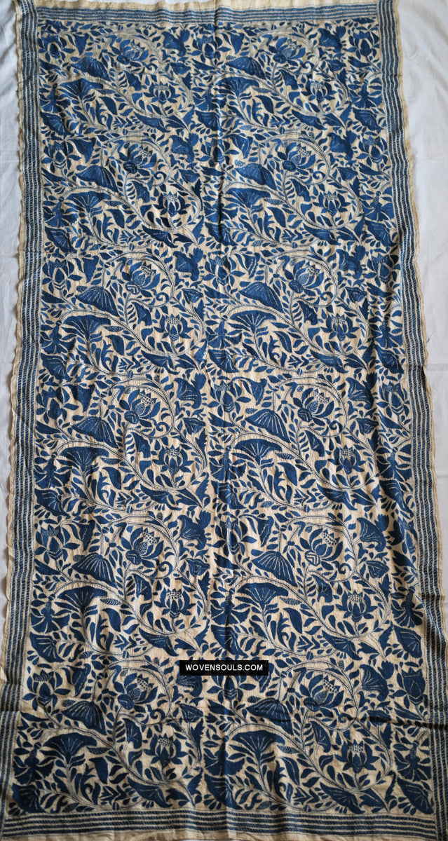 1728 Rare Revival Dhaka Kashida Kantha Silk Embroidery Shawl-WOVENSOULS Antique Textiles &amp; Art Gallery