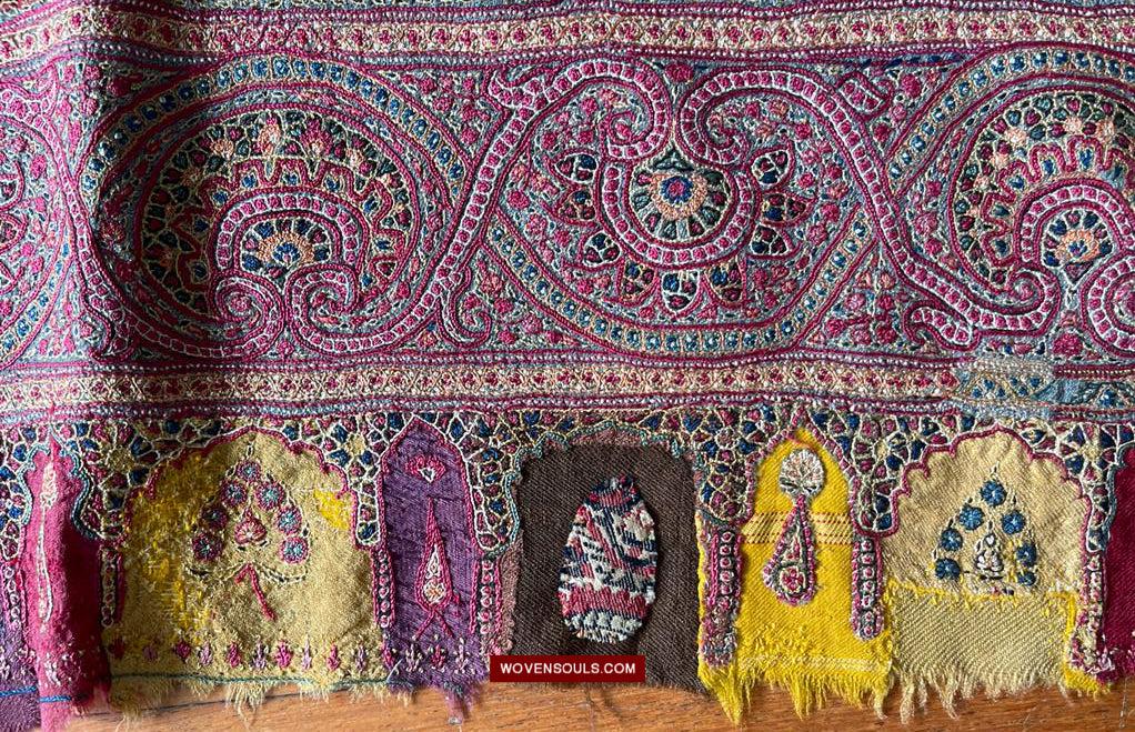 1608 Old Kashmir Silk Embroidered Amli Shawl Rumal-WOVENSOULS Antique Textiles &amp; Art Gallery